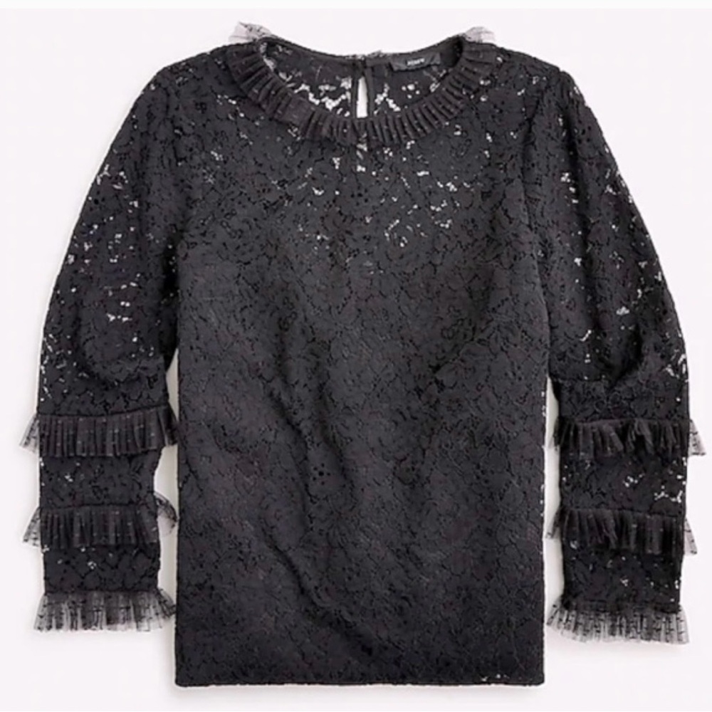 J. Crew Black Lace elegant Blouse Tulle Ruffle Long Sleeve office party Sz XS